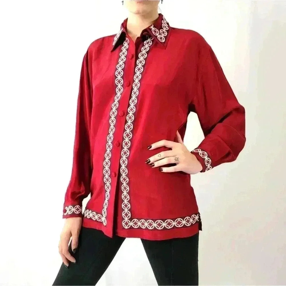 Vintage 90s Diane Von Furstenburg Silk Blouse Button Up Top - S - Picture 6 of 8